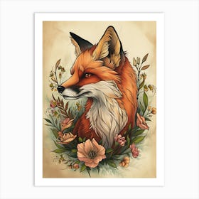 Amazing Red Fox With Flowers 16 Art Print