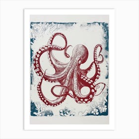Linocut Inspired Navy Red Octopus With Coral 9 Art Print