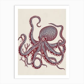 Hand Printed Style Red & Navy Octopus 2 Art Print