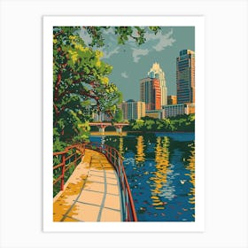 Lady Bird Lake And The Boardwalk Austin Texas Colourful Blockprint 4 Art Print