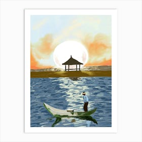 Moon Night On Beach In the Ocean With Boat Art Print