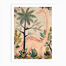 Pink Dinosaur & A Palm Tree Storybook Style Painting Art Print