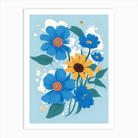 Beautiful Flowers Illustration Vertical Composition In Blue Tone Art Print