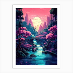 Asian Cherry Blossom Water Landscape Art Print