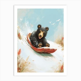 American Black Bear Cub Sledding Down A Snowy Hill Storybook Illustration 3 Art Print