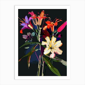 Neon Flowers On Black Bouquet 3 Art Print