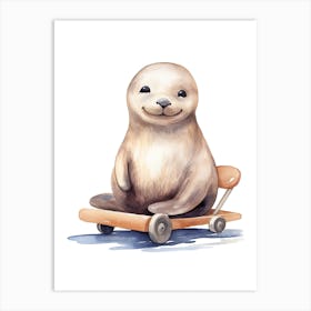 Baby Seal On A Toy Car, Watercolour Nursery 1 Art Print
