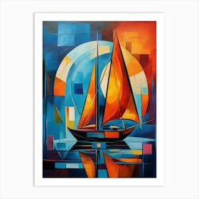 Sailing Boat at Sunset V, Avant Garde Vibrant Colorful Painting in Cubism Picasso Style Art Print