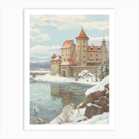 Vintage Winter Illustration Trakai Castle Lithuania 1 Art Print