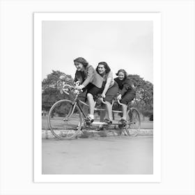 Three Women On A Bicycle, Vintage Black and White Old Photo Art Print