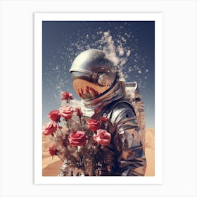 Cosmic Astronaut holding flowers in the desert Art Print