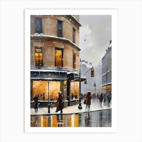 Paris cafes, winter season, Christmas, autumn oil colors, pale colors, pedestrians in the street, winter clothes, falling snow.Christmas decorations.12 Art Print