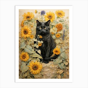 Black Cat In Sunflowers Art Print