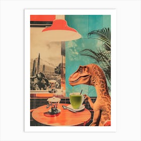 Dinosaur Drinking A Matcha Latte Retro Abstract Collage 3 Art Print