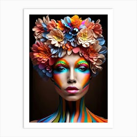 Woman With Bright Make Up And Flowers Crown Art Print