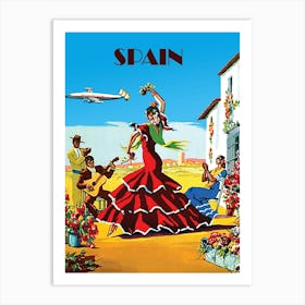 Spanish Dancers Welcomes New Airplane Arrival, Vintage Travel Poster Art Print