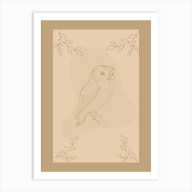 Owl Bird Sketch on a Branch in a Tree with Leaves in Nature with Beige Neutral Background Art Print