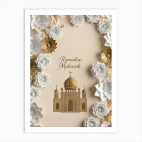 Ramadan Mubarak 2025 gold beige and white floral wall art Art Print