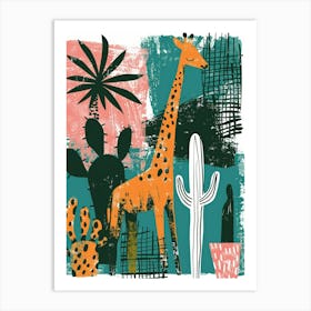 Giraffe And Cactus 1 Art Print