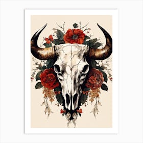 Vintage Boho Bull Skull Flowers Painting (62) Art Print