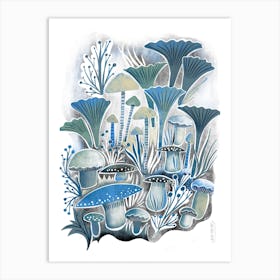 Funghi Forest Silver Blue Screenprint Art Print