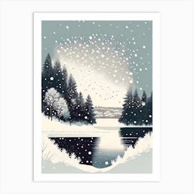 Snowflakes Falling By A Lake, Snowflakes, Retro Drawing 1 Art Print