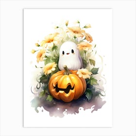 Cute Ghost With Pumpkins Halloween Watercolour 129 Art Print