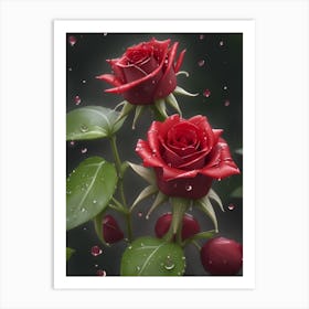 Red Roses At Rainy With Water Droplets Vertical Composition 95 Art Print