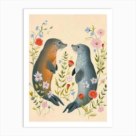 Folksy Floral Animal Drawing Seal 2 Art Print