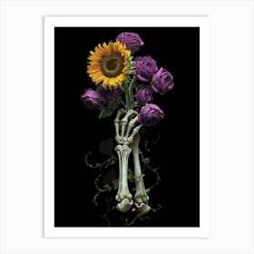 Skeleton Hands With Sunflowers Art Print