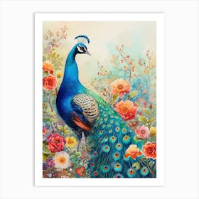 Storybook Style Floral Peacock Illustration 2 Art Print