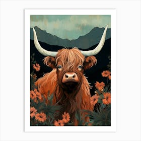 Floral Mountain Illustration Of Highland Cow Art Print