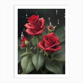 Red Roses At Rainy With Water Droplets Vertical Composition 61 Art Print