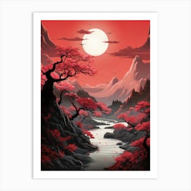Red Japanese Asian River Landscape Art Print