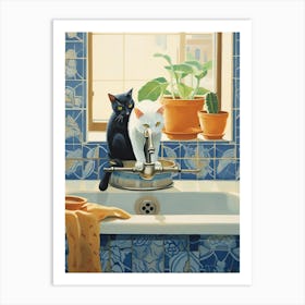 Black And White Cats In The Kitchen Sink, Mediterranean Style 0 Art Print
