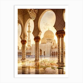 Mosque With Islamic Architectural Features Minarets Domes Intricate Geometric Patterns Adorning W Art Print