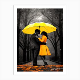 Yellow Rain Romance - Rainy Day Love Art Print