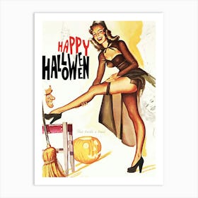 Pin Up Girl In Witch Costume Ready For A Halloween Party Art Print