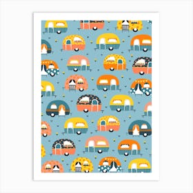 Lines of Cute Colorful Summer Camping Trailers on Light Blue Art Print