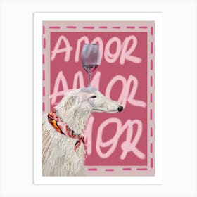 Fluffy dog with a glass of red wine on his head wearing a colorful scarf and a pink background with amor Art Print