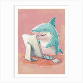Shark On A Computer Pastel Illustration 2 Art Print