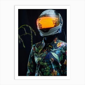 Futuristic Helmet Clad Figure Embossed With Luminous Plant Patterns Bright Orange Glow Enveloping Art Print