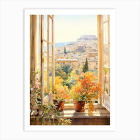 Window View Of  Athens Greece In Autumn Fall, Watercolour 2 Art Print