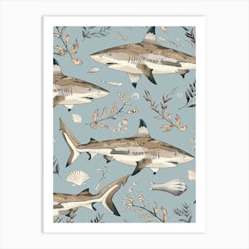 Pastel Blue Blacktip Reef Shark Watercolour Seascape Pattern 3 Art Print