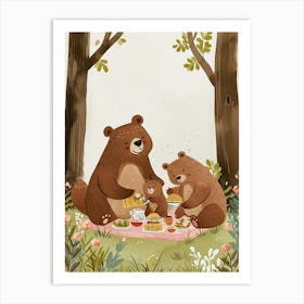 Brown Bear Family Picnicking In The Woods Storybook Illustration 1 Art Print