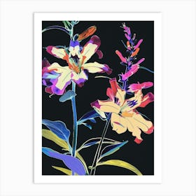 Neon Flowers On Black Larkspur 3 Art Print