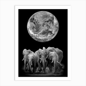 Elephants In Front Of The Earth Art Print