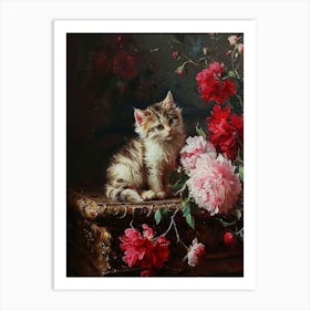 Red & Pink Floral Rococo Inspired Cat Art Print