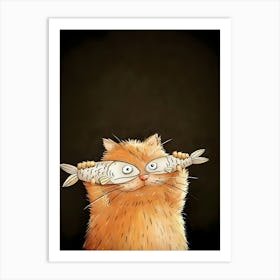 Cat Holding Fish Art Print