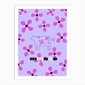 Cow pink in flowers on purple background. Cow cute. Farm animals. Pink flowers Art Print